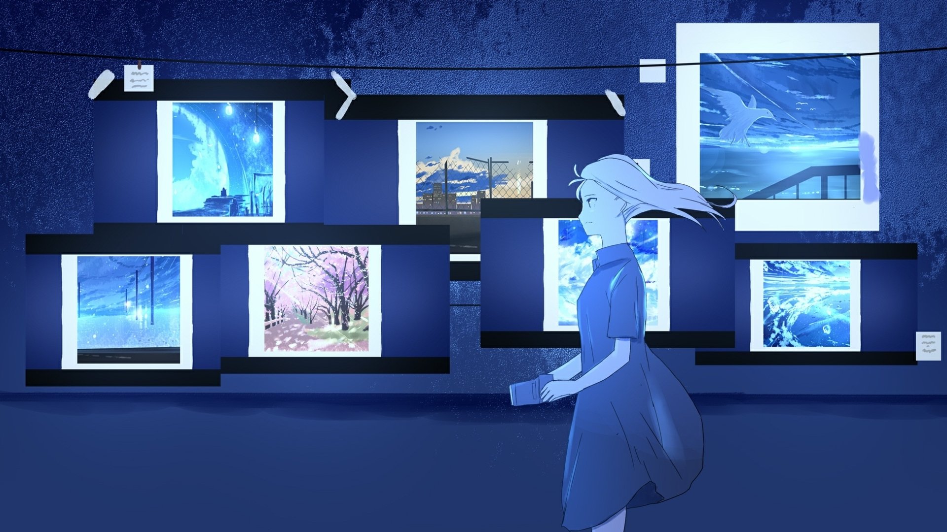 Original anime gallery HD PC desktop wallpaper: blue-toned scene of a girl walking past illuminated framed landscapes—sea, sky and cherry blossoms—evoking a quiet, cinematic mood.