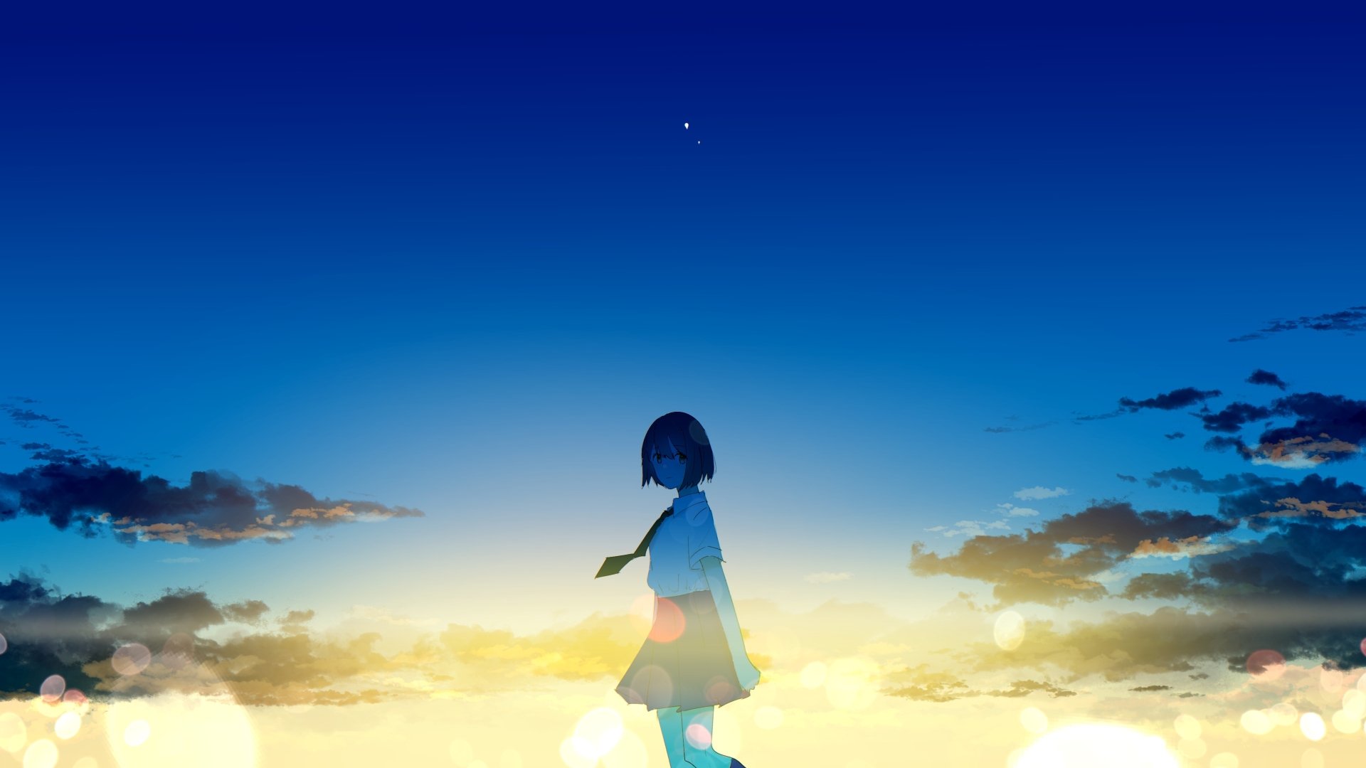 Anime original artwork of a lone figure standing against a vibrant sunset sky, rendered in 4K Ultra HD for a stunning PC desktop wallpaper and background.