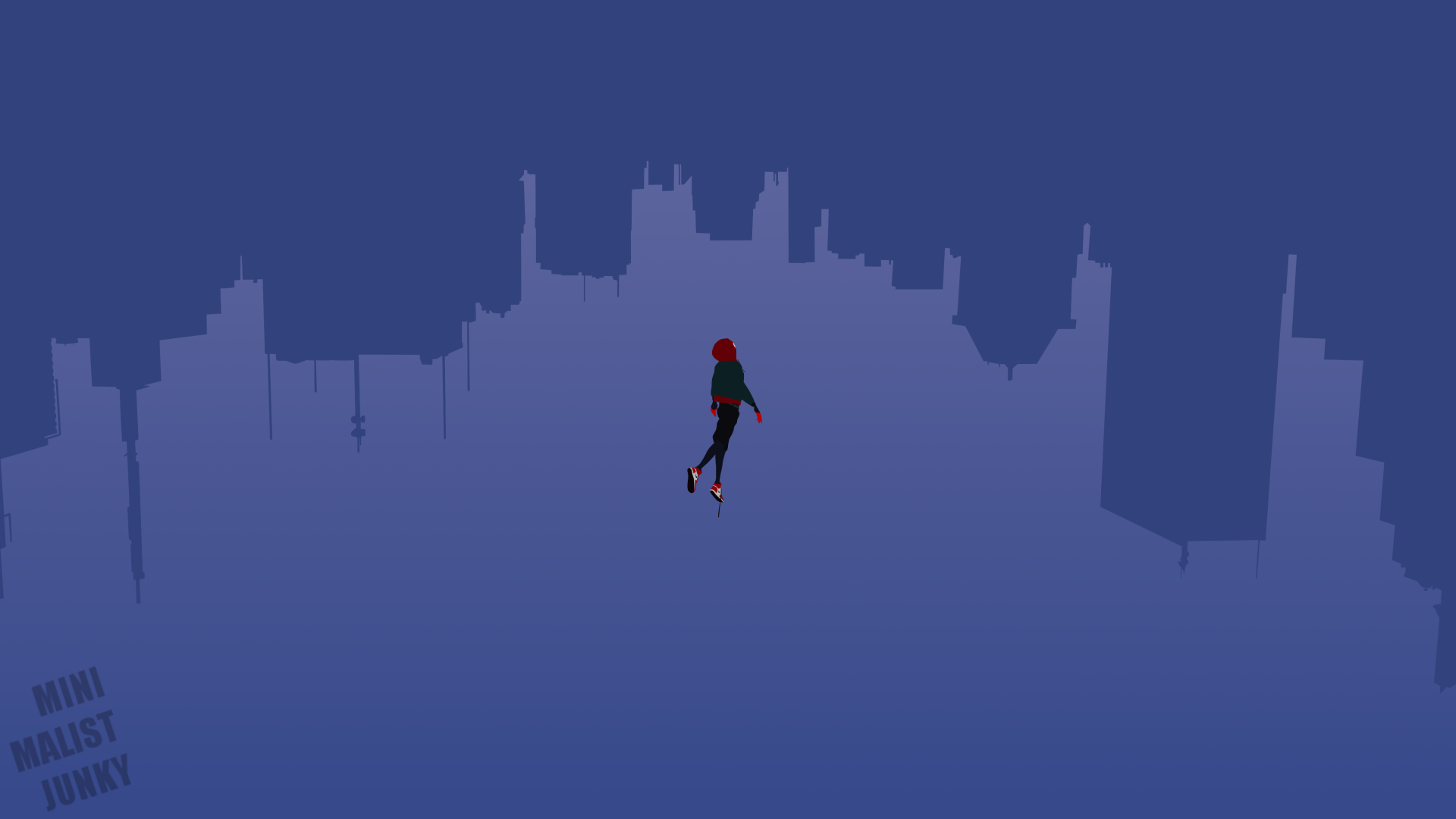 4K Ultra HD desktop wallpaper featuring Spider-Man from the movie Spider-Man: Into The Spider-Verse against a minimalist city skyline background.