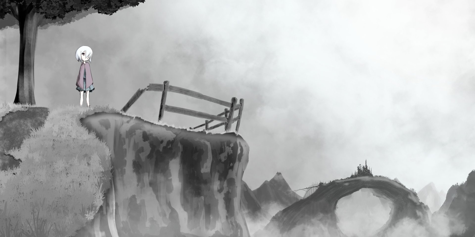 Monochrome original anime-style HD desktop wallpaper depicting a solitary character standing on a cliff with a broken fence, overlooking a misty, surreal landscape.