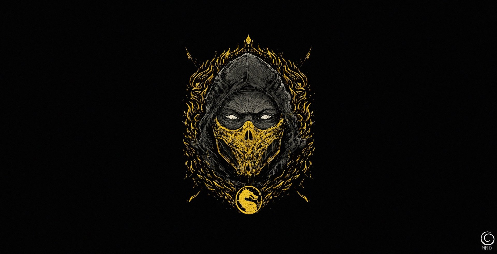 HD PC desktop wallpaper featuring Scorpion from Mortal Kombat, showcasing his iconic mask and fiery design against a black background.