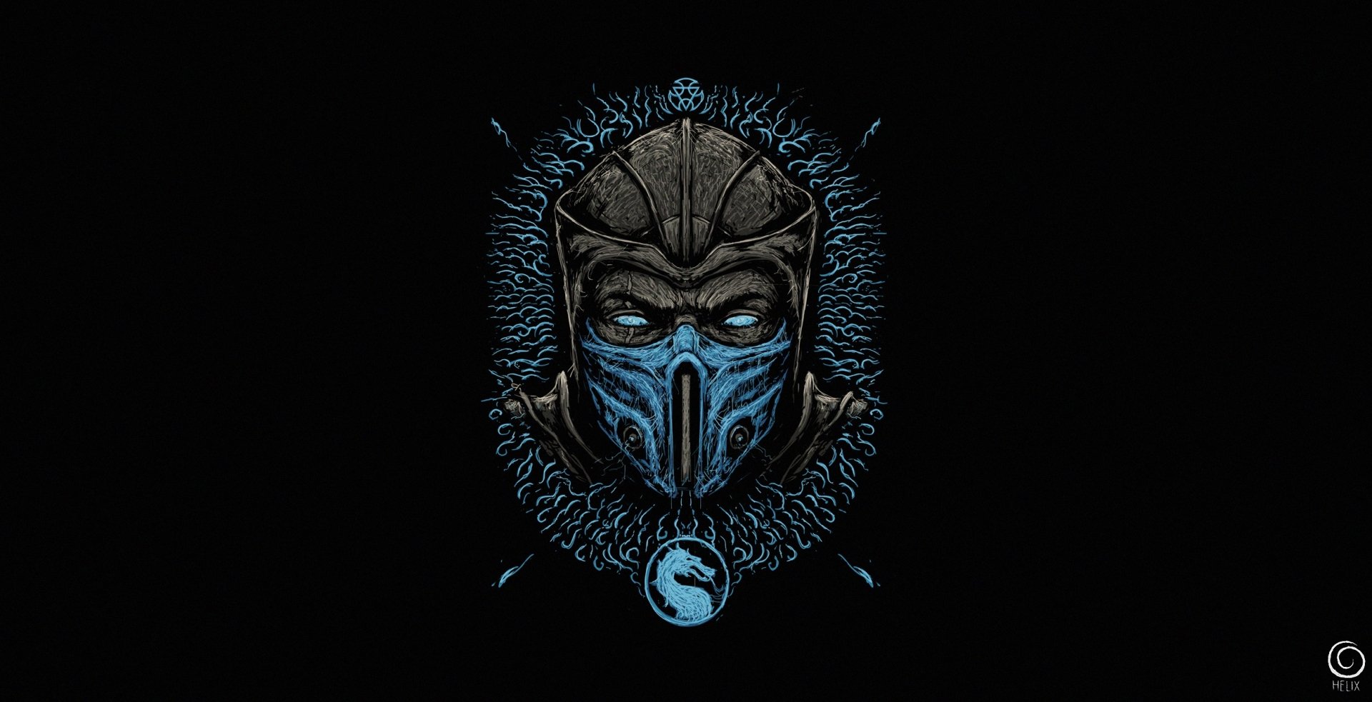 HD PC desktop wallpaper of the video game Mortal Kombat character Sub‑Zero: stylized icy blue mask and glowing eyes framed by frost tendrils, with the Mortal Kombat dragon emblem below.