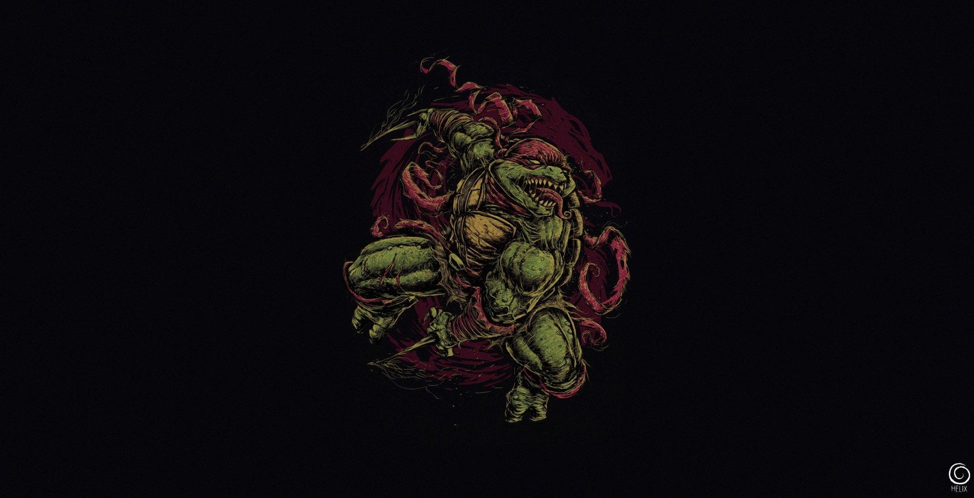 HD PC desktop wallpaper: comic-style Teenage Mutant Ninja Turtles image of Raphael in a red bandana, snarling and brandishing his sais against a dark background.