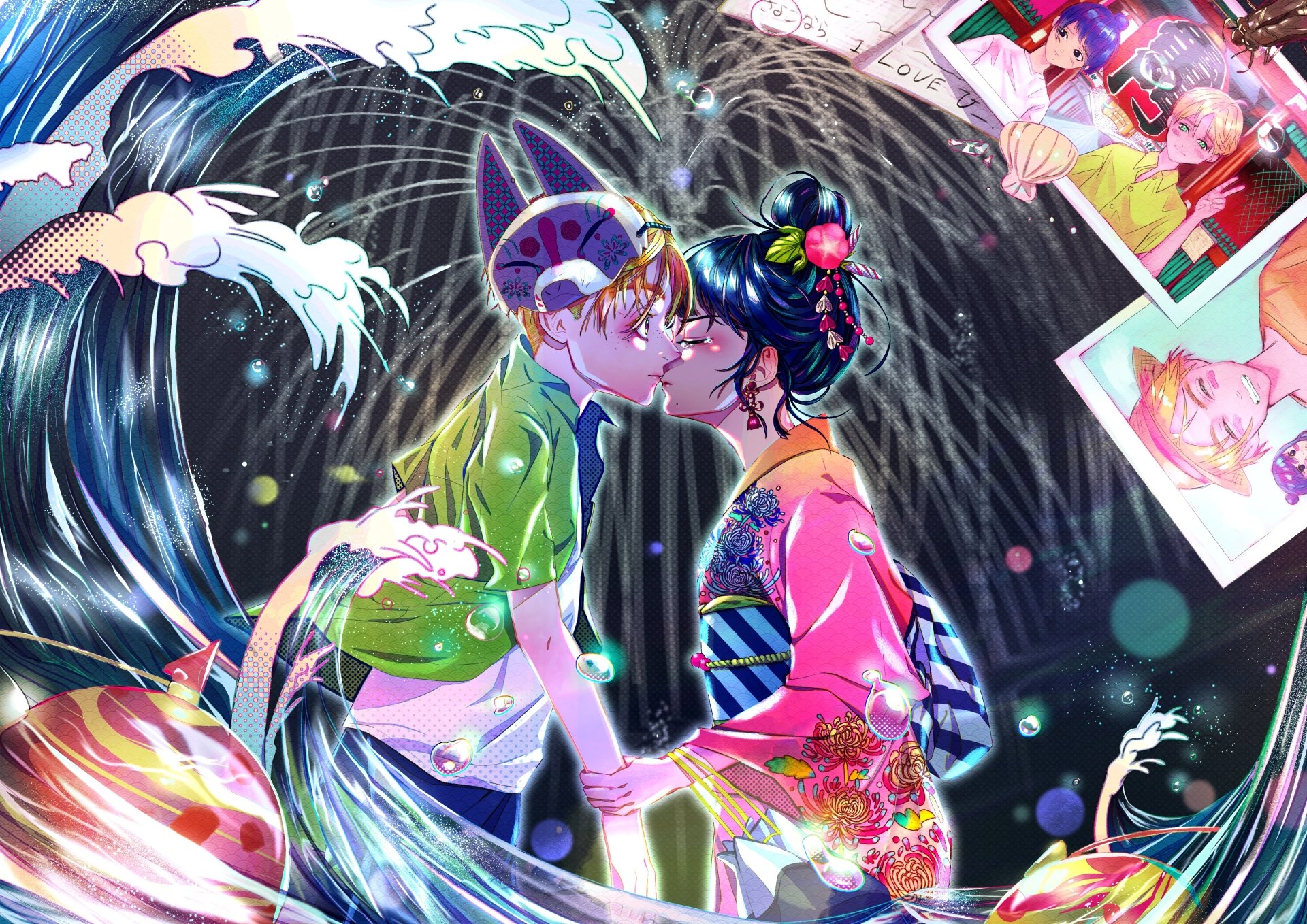 Anime original 4K Ultra HD PC desktop wallpaper: two colorful anime characters share a kiss amid swirling water forming a heart, neon splashes and scattered polaroids around them.