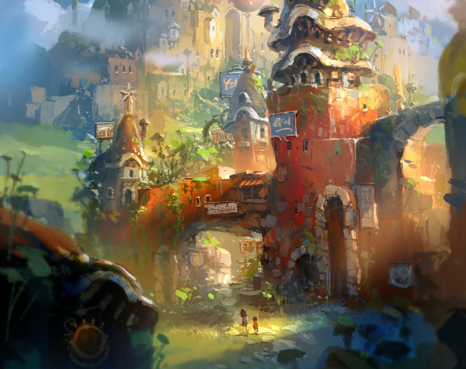 A child walks through a vibrant fantasy city, characterized by whimsical buildings and lush greenery, creating an enchanting and immersive atmosphere.