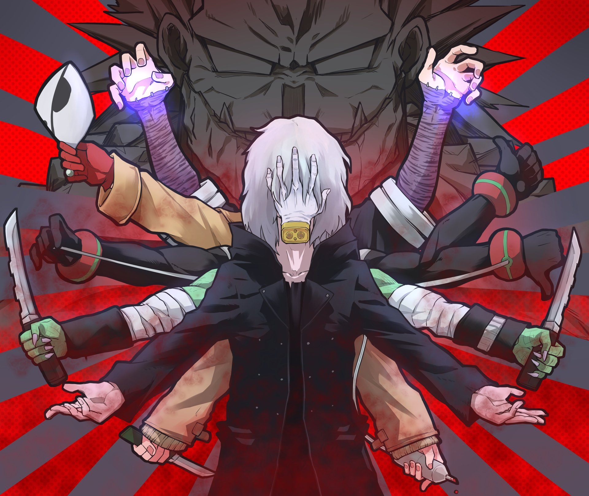 Tomura Shigaraki, Anime My Hero Academia 5K Ultra HD PC wallpaper: white‑haired villain with hands covering his face, extra arms and knives radiating against a red burst background.