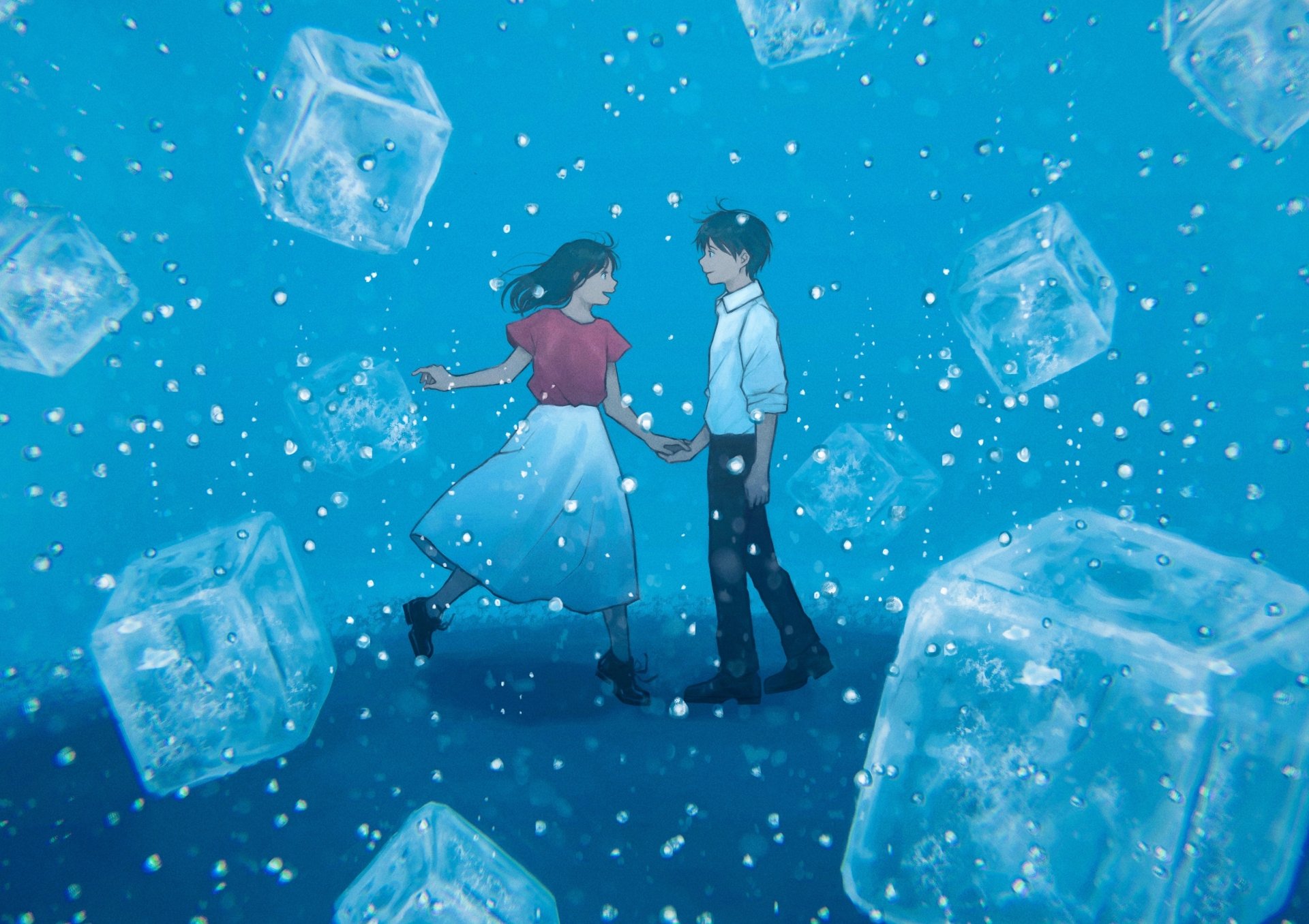 Anime-style original 4K Ultra HD PC desktop wallpaper depicting a boy and girl standing amid floating ice cubes in a shimmering blue environment.