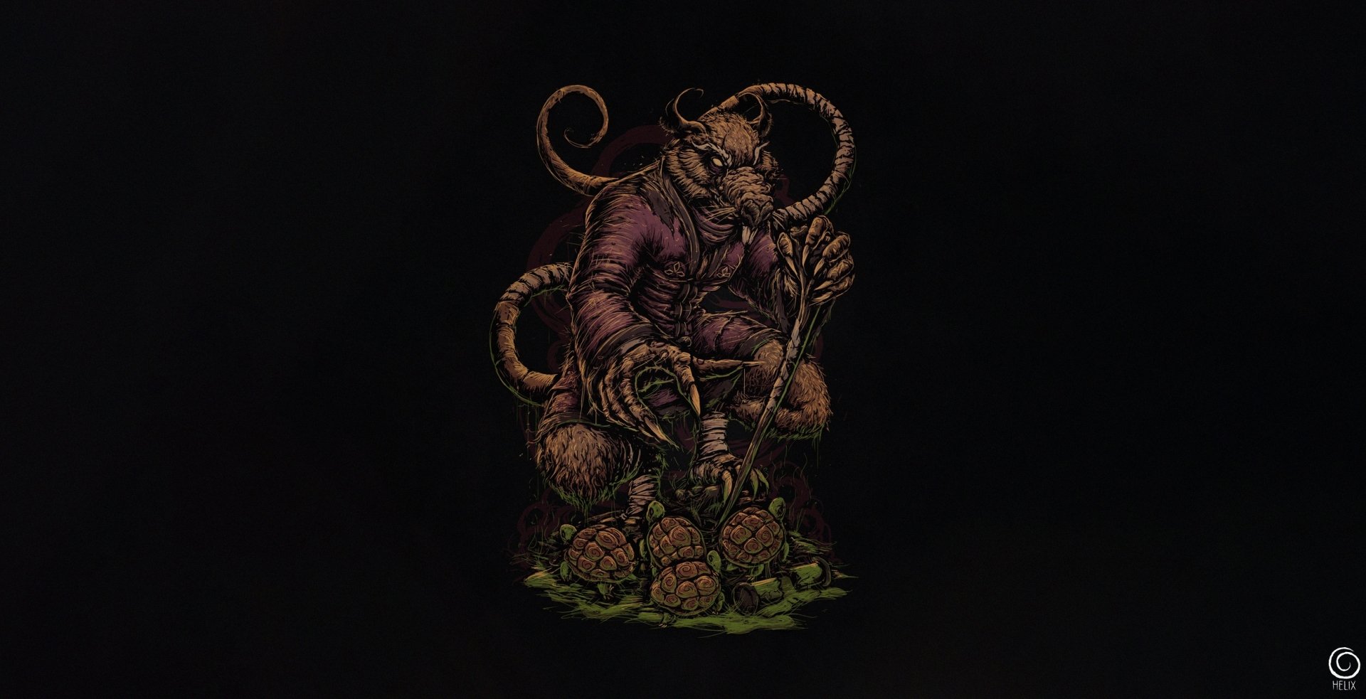 Comic-style HD PC wallpaper of Splinter from Teenage Mutant Ninja Turtles (TMNT), a rat sensei crouching with a staff over mossy stones on a dark background.