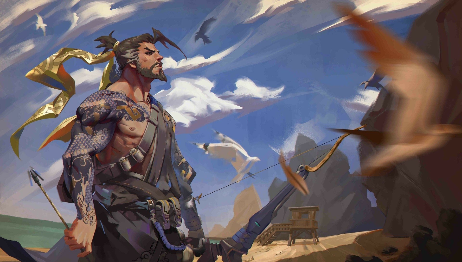 Hanzo (Overwatch) on a windswept cliff, bow in hand as birds circle beneath dramatic clouds — HD PC desktop wallpaper background, video game art