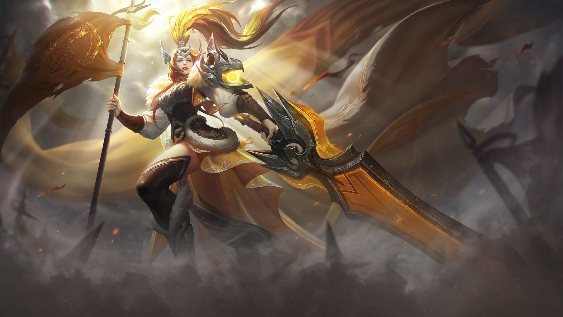 A fantasy warrior woman with flowing orange hair holds a large sword and banner, standing confidently amid a misty battlefield in this HD PC desktop wallpaper.