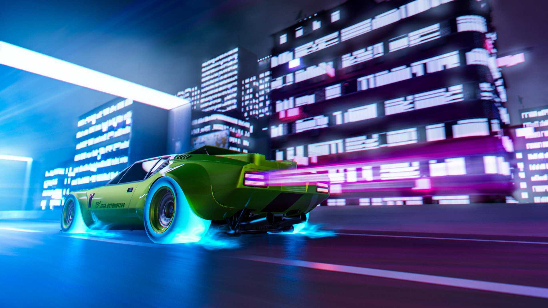 A futuristic green car speeds through a neon-lit cityscape at night, captured in high-definition as a Cyberpunk 2077 video game-themed PC desktop wallpaper.