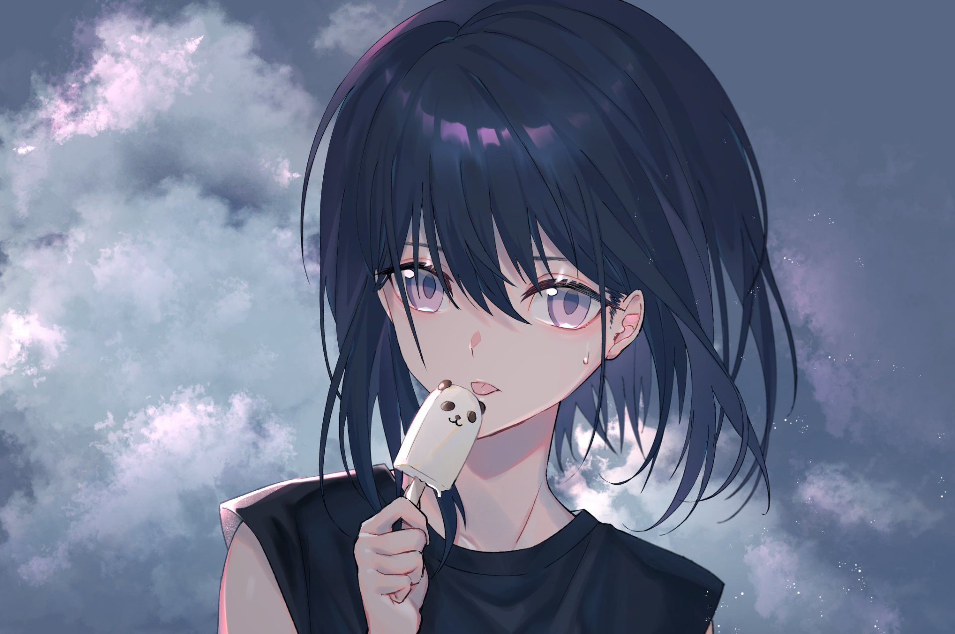 Original anime HD PC desktop wallpaper: purple-haired girl with purple eyes holding a popsicle against a moody cloudy sky.