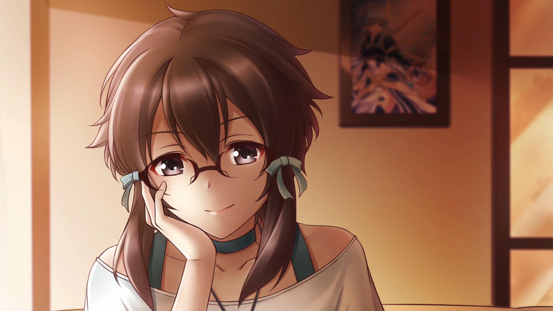 HD PC desktop wallpaper featuring Shino Asada from the anime Sword Art Online II, depicted with glasses and a gentle smile in a warm, softly lit indoor setting.