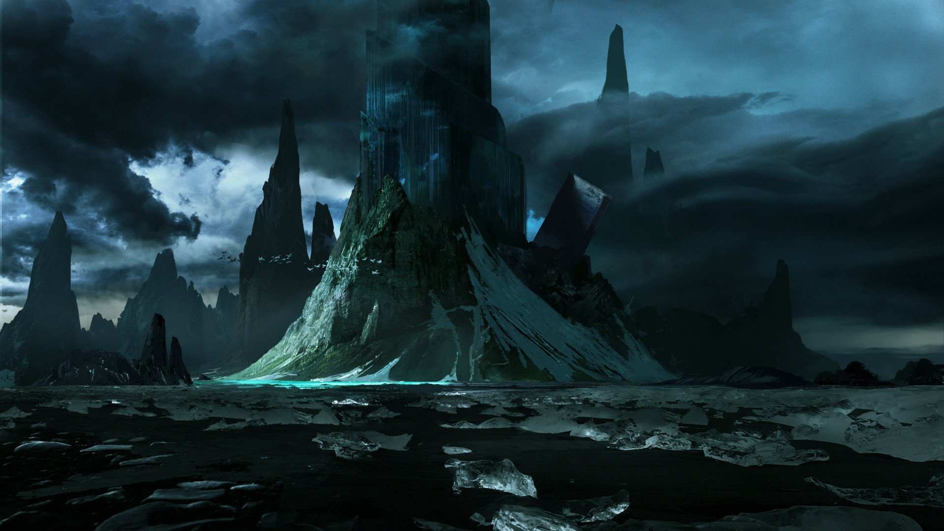 Dark, moody fantasy landscape featuring towering jagged peaks shrouded in mist, rendered in HD for a striking PC desktop wallpaper background.