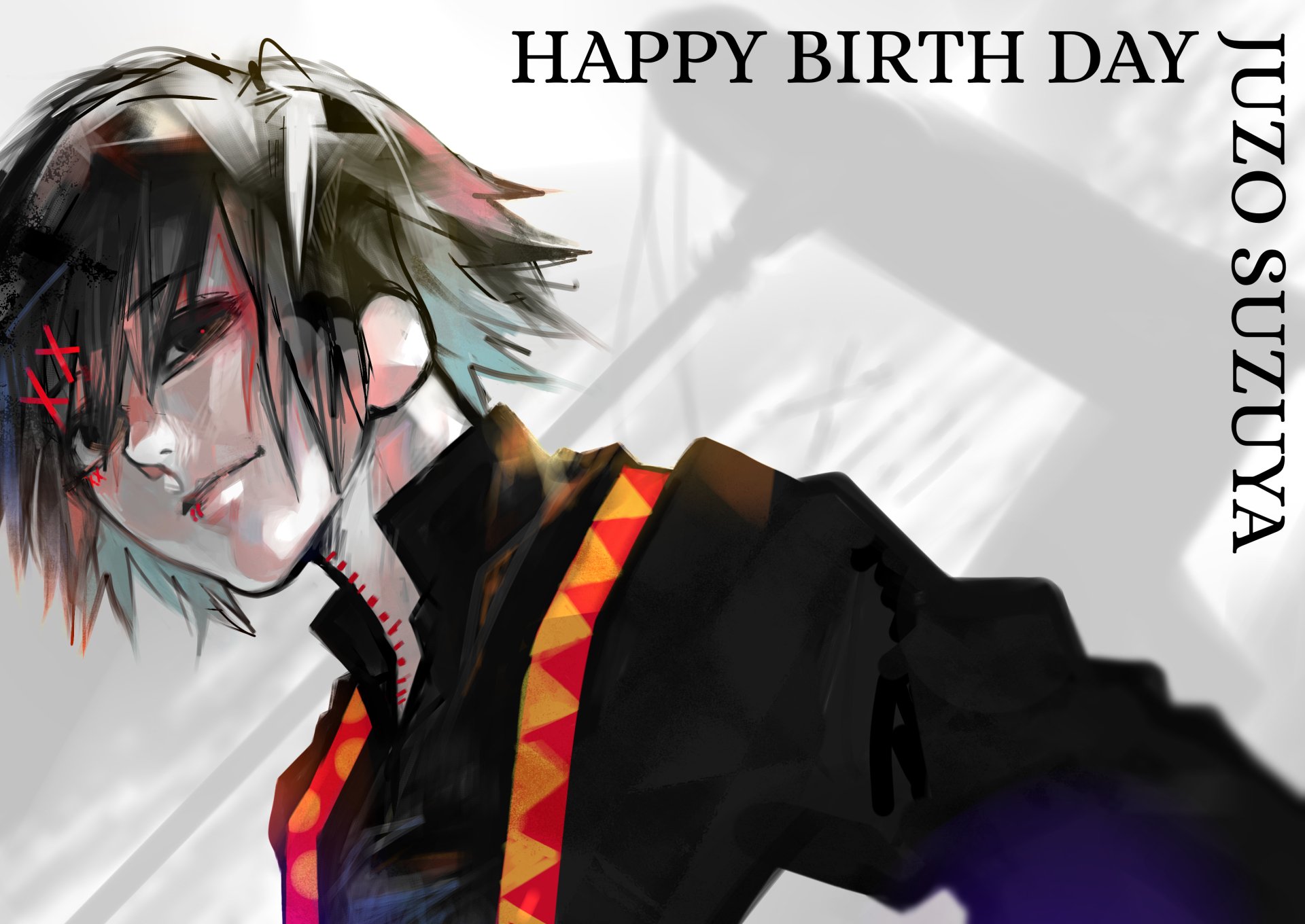 HD anime desktop wallpaper featuring Juuzou Suzuya from Tokyo Ghoul:re with dark attire and intense expression.