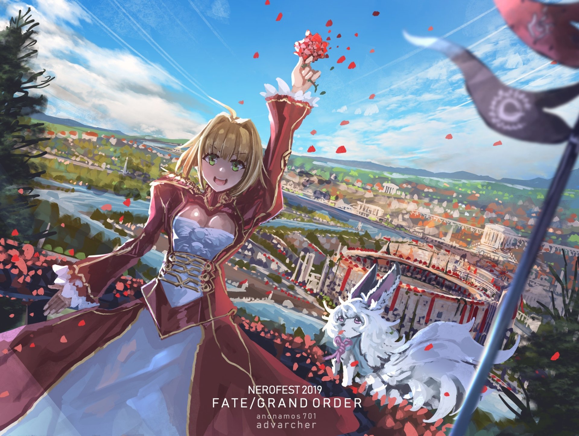 HD PC desktop wallpaper featuring Nero Claudius from Fate/Grand Order in vibrant anime style, with a bright cityscape and clear blue sky in the background.