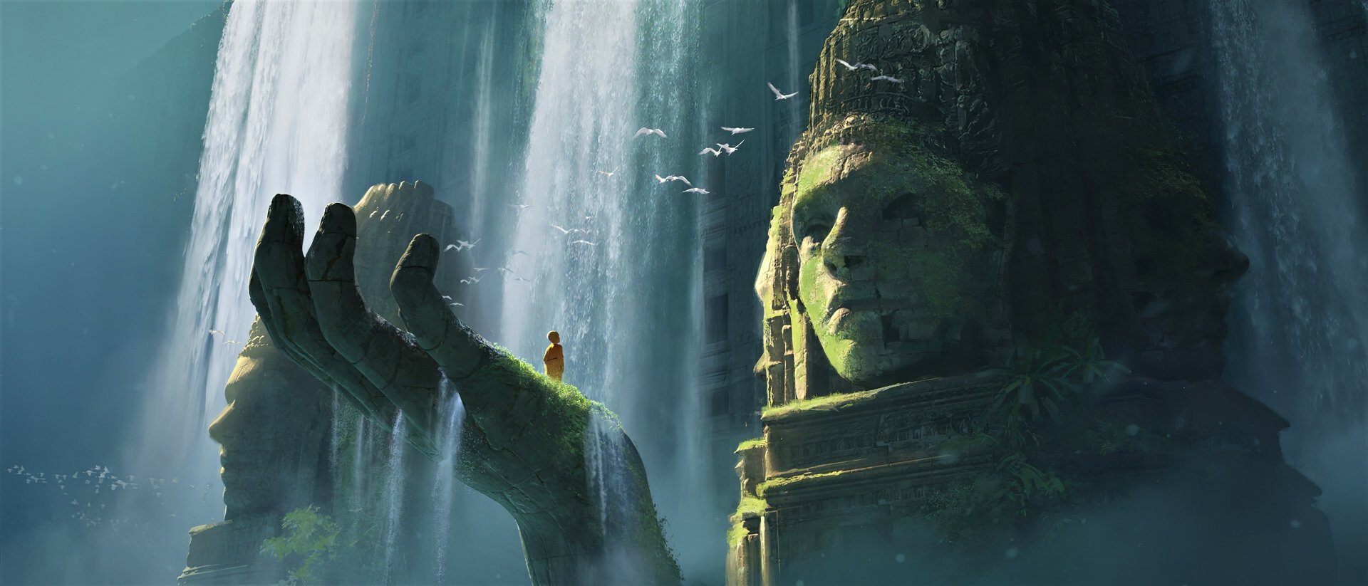 HD desktop wallpaper depicting a large, artistic statue holding a tiny figure in its hand, set against a backdrop of cascading waterfalls and a fantasy-like environment.
