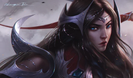 HD PC desktop wallpaper featuring Irelia from the video game League of Legends, showcasing her intense gaze and detailed armor in a dynamic, dark-themed design.