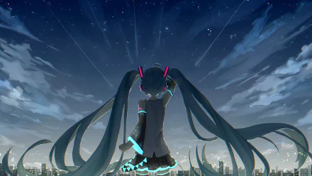 Hatsune Miku stands under a starry night sky with city lights below in this vibrant 4K Ultra HD Anime Vocaloid PC desktop wallpaper.