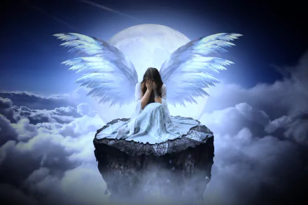 A sad crying angel sits on a rock with a full moon and clouds in the background, creating a fantasy atmosphere in this HD desktop wallpaper.