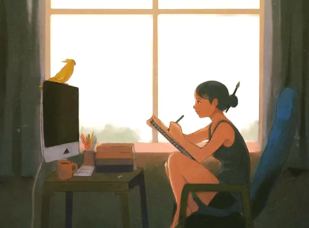 Anime-style original artwork of a person sketching by a bright window, accompanied by a bird on a computer monitor, rendered in 4K Ultra HD for PC desktop wallpaper.