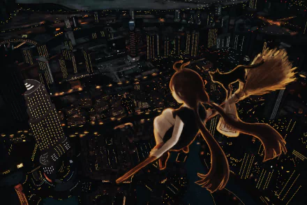 Anime-style original character soaring over a glowing cityscape at night, featured in a 4K Ultra HD PC desktop wallpaper and background.