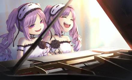 HD anime desktop wallpaper featuring Stheno and Euryale from Fate/Grand Order playing piano together in a bright, warm setting.