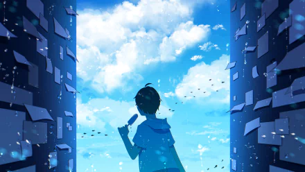 HD Anime wallpaper of a person with a popsicle against a backdrop of a vibrant sky and floating fish, with an underwater ambiance.