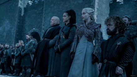 HD PC desktop wallpaper featuring Daenerys Targaryen and other Game of Thrones characters standing in Winterfell, from the TV show Game of Thrones.