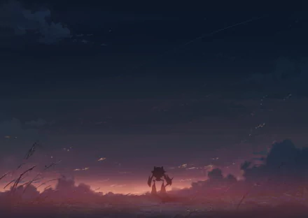 HD anime original desktop wallpaper depicting a lone robot standing on a hill under a vast, darkening sky at dusk.