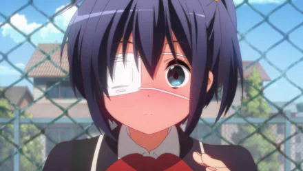HD anime desktop wallpaper featuring Rikka Takanashi from Love Chunibyo & Other Delusions, showing her with an eye patch and expressive blue eyes against a sunny background.