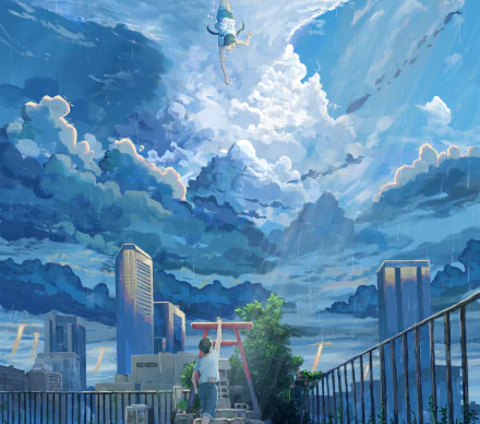 A vibrant 4K Ultra HD anime wallpaper featuring Hina Amano and Hodaka Morishima from Weathering with You beneath dramatic, swirling clouds over a cityscape.