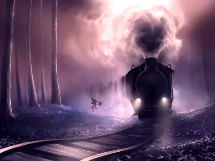  Man Escaping from Train on Foggy Purple Night by Cyril Rolando