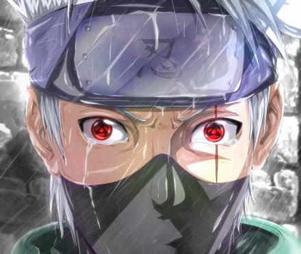 HD PC desktop wallpaper/background: anime close-up of Kakashi Hatake from Naruto, masked face and glowing Sharingan eyes in the rain.