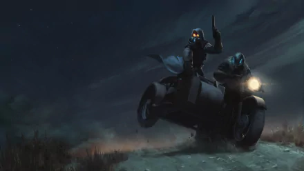 Futuristic warrior rides a high-tech motorcycle through a dark, misty landscape in this 4K Ultra HD sci-fi desktop wallpaper.