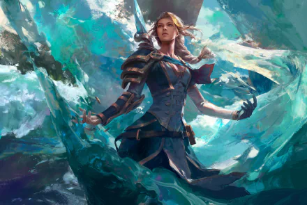 Jaina Portvaillant, the white-haired sorceress from World of Warcraft, casts a powerful spell amid swirling magical ice in this HD PC desktop wallpaper.