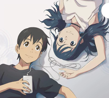 HD anime desktop wallpaper featuring Hodaka Morishima and Hina Amano from Weathering with You, lying down and looking up with serene expressions.