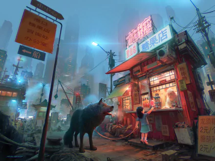 HD PC desktop wallpaper: fantasy city neon street, child with a lollipop at a glowing food stall, a large dog by her side amid towering futuristic buildings.