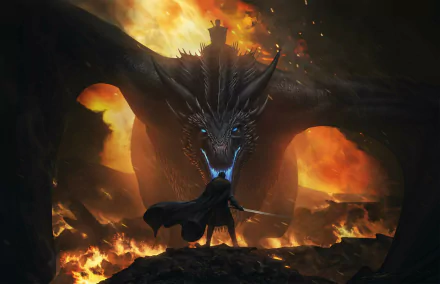 HD PC wallpaper featuring a warrior wielding a sword facing a massive dragon amid flames, inspired by Jon Snow and the Night King from Game of Thrones.