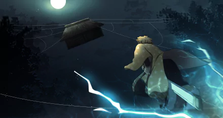 HD PC desktop wallpaper featuring Zenitsu Agatsuma from the anime Demon Slayer: Kimetsu no Yaiba, depicted at night with glowing electric effects under a full moon.