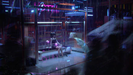 A vibrant anime-inspired HD PC desktop wallpaper featuring a character seated in a futuristic, neon-lit environment, surrounded by dynamic lighting and abstract elements.