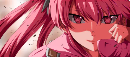 Close-up HD anime wallpaper of Mine from Akame ga Kill! featuring her intense red eyes and vibrant pink hair in a dynamic, detailed style.
