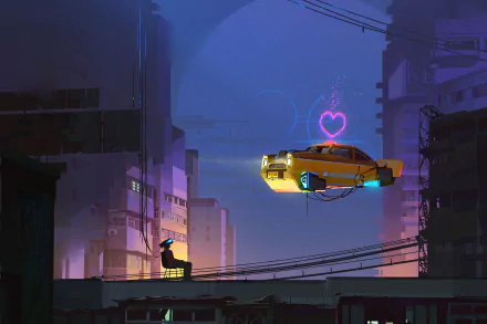 HD PC desktop wallpaper of a cyberpunk sci‑fi city: neon-lit flying taxi car/vehicle with a heart sign hovers above rooftops as a lone silhouette watches the futuristic skyline.