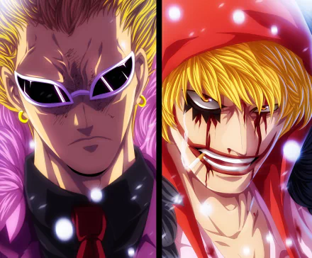 HD anime desktop wallpaper featuring Donquixote Rosinante (Corazon) and Donquixote Doflamingo from One Piece, showcasing intense expressions and vibrant colors.