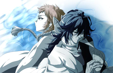 HD anime desktop wallpaper featuring Giyuu Tomioka and Sabito from Demon Slayer: Kimetsu no Yaiba with blue smoky effects in the background.