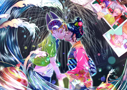 Anime original 4K Ultra HD PC desktop wallpaper: two colorful anime characters share a kiss amid swirling water forming a heart, neon splashes and scattered polaroids around them.