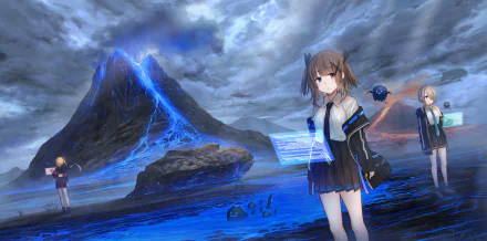 HD anime original desktop wallpaper featuring a futuristic girl with a holographic tablet against a volcanic landscape under a stormy sky.