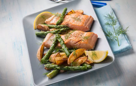asparagus salmon still life meal vegetable lemon food fish HD Desktop Wallpaper | Background Image