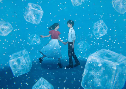 Anime-style original 4K Ultra HD PC desktop wallpaper depicting a boy and girl standing amid floating ice cubes in a shimmering blue environment.