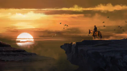 A cowboy on horseback gazes at a stunning sunset from a cliff edge, birds soaring above, inspired by the video game Red Dead Redemption 2. HD desktop wallpaper and background.